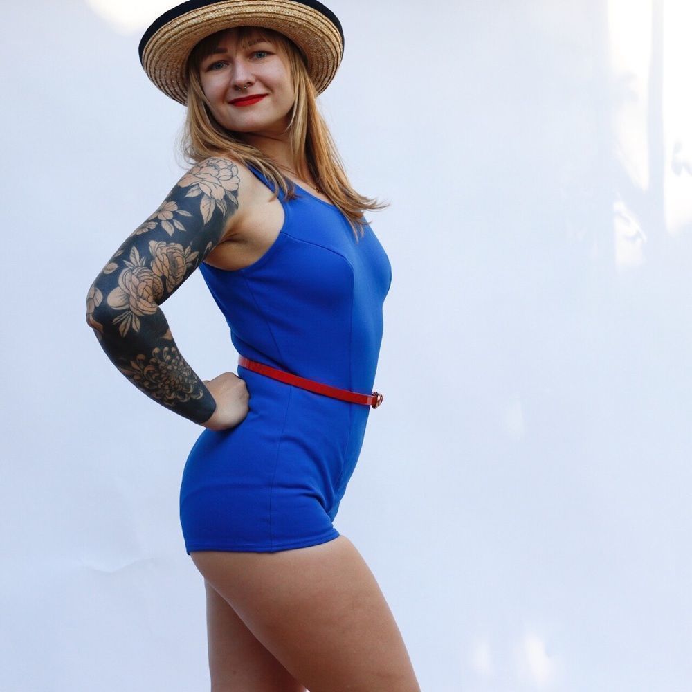 Vintage 60s 70s Retro One Piece Stretch Nylon Swimsuit Pin Up Mod Playsuit Blue - Picture 2 of 16